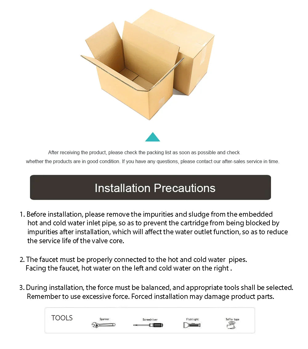 Empty brown cardboard box with flaps open for bathroom faucet brushed gold mixer tap packaging
