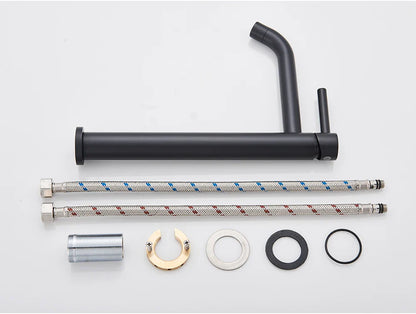Black matte kitchen faucet with sleek modern design and two separate handles for hot and cold water mixer tap