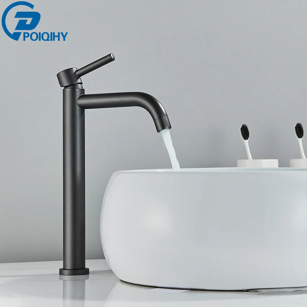 Black matte modern bathroom faucet with sleek tall design and curved spout in brushed gold mixer tap style