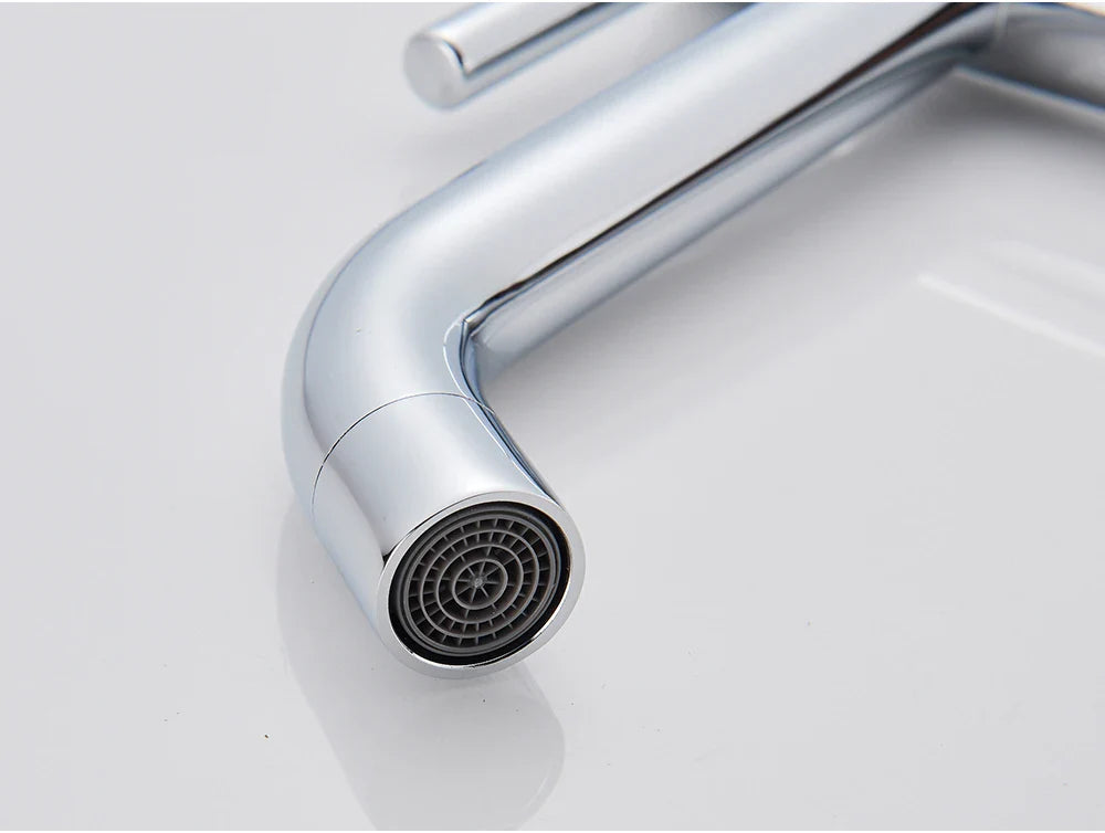 Bathroom faucet brushed gold mixer tap with chrome finish sleek curved spout and circular ridged spray head