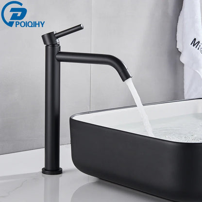 Black matte modern bathroom faucet with tall slender spout and handle designed for contemporary sinks