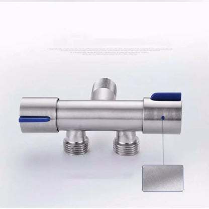 Bathroom faucet double handle stainless steel with blue plastic lever handles and threaded connections visible from back side