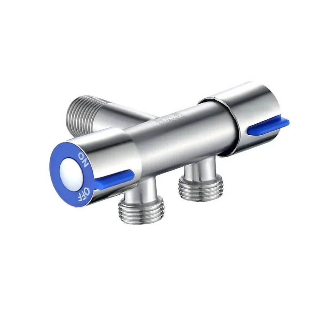Shiny chrome-finished three-way stainless steel bathroom faucet with blue plastic handles and on/off markings
