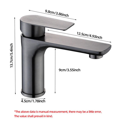 Modern matte black stainless steel bathroom faucet with single-handle deck-mounted installation and sleek minimalist design