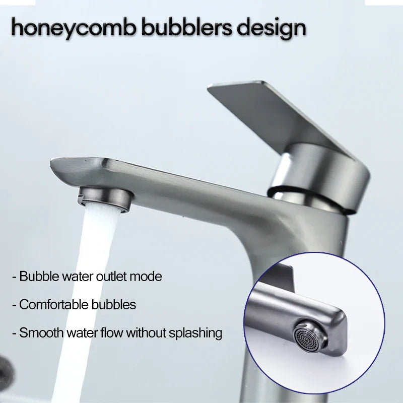 Modern brushed stainless steel bathroom faucet with honeycomb bubbler design for deck-mounted installation