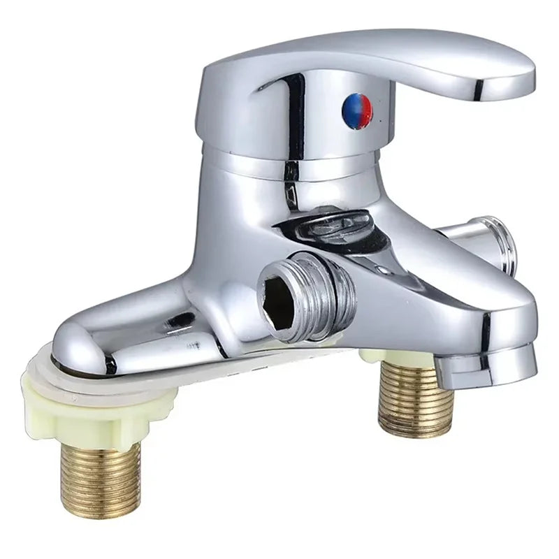Chrome finished deck mounted single-handle bathroom mixer faucet with red and blue hot and cold water indicator for washbasin use