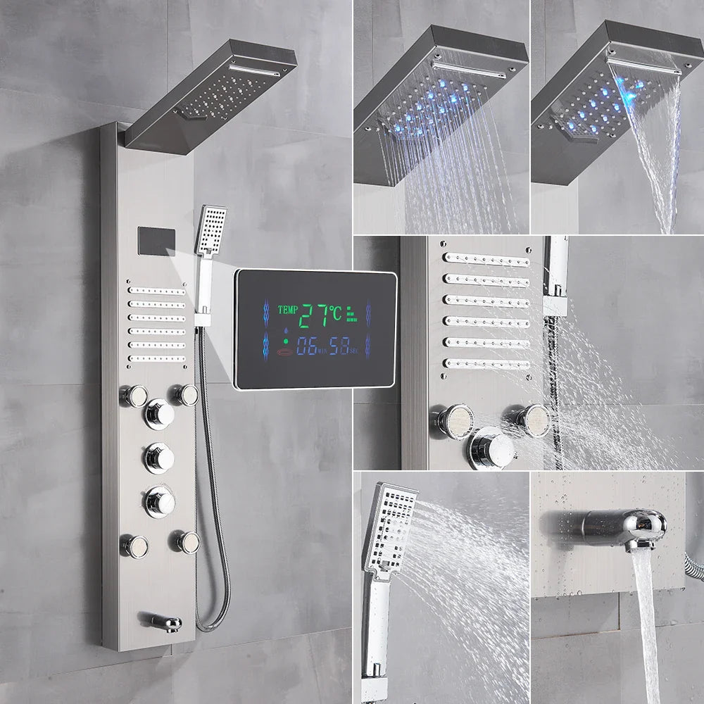 Modern stainless steel bathroom shower panel set with rectangular rainhead, digital display, and led handshower options