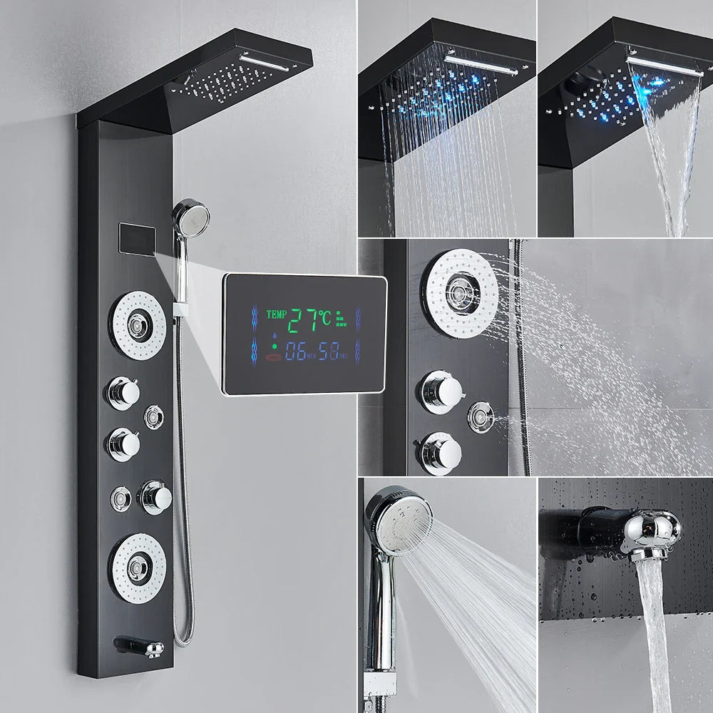 Black modern bathroom shower panel set led with chrome accents and digital temperature display for precise control