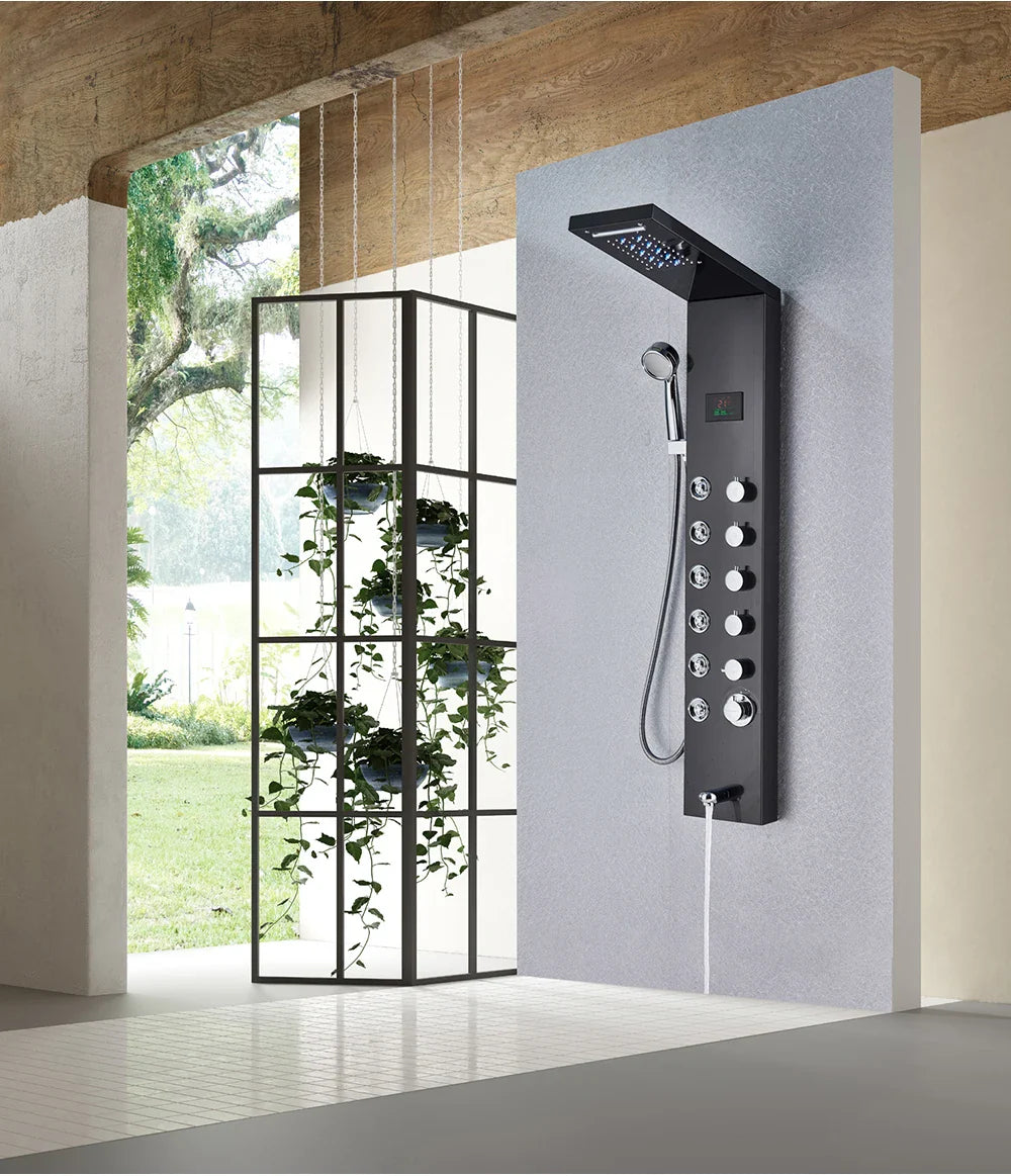 Black matte-finish bathroom shower panel set led with multiple control knobs and rain showerhead for modern showers