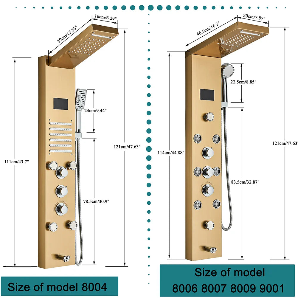 Gold-finished modern bathroom shower panel set led with multiple spray heads and control knobs for enhanced showering experience