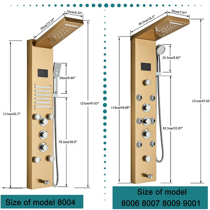Gold-finished modern bathroom shower panel set led with multiple spray heads and control knobs for enhanced showering experience