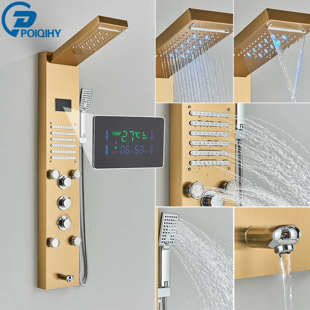 Gold-finished poiqihy bathroom shower panel set led with digital display multiple spray nozzles and handheld showerhead