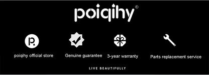 Black background with white poiqihy logo and icons for official store genuine guarantee 3-year warranty and parts replacement service