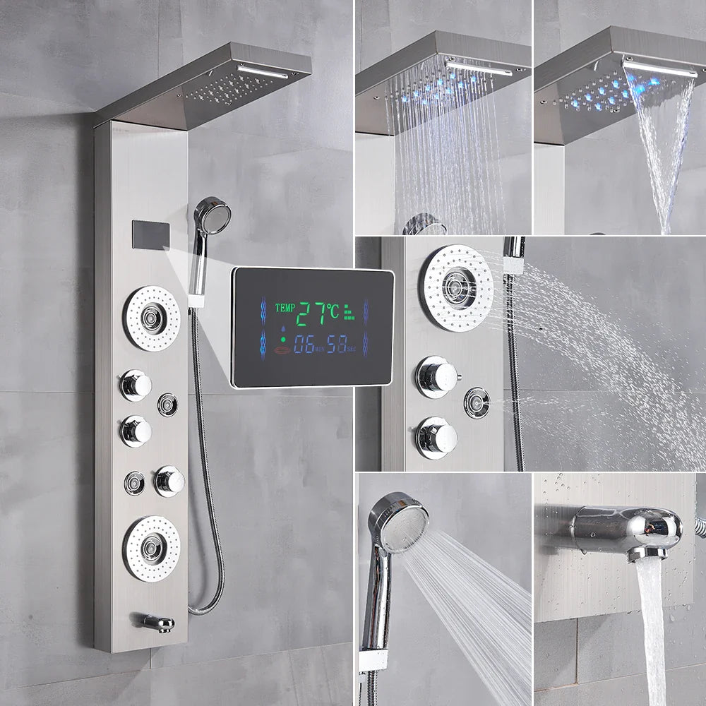 Modern chrome finished bathroom shower panel set with digital display and multiple spray settings for home use