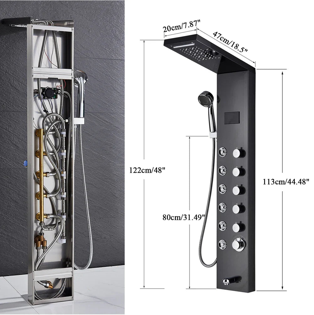 Black chrome bathroom shower panel set led with large rectangular rainhead, multiple knobs, and handheld showerhead attached