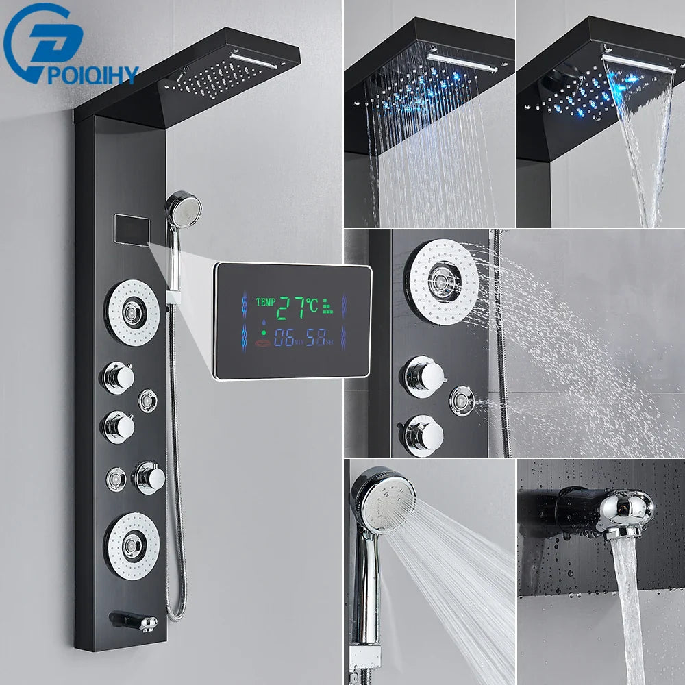 Bathroom shower panel set led with black matte finish, chrome accents, and digital display for modern showering
