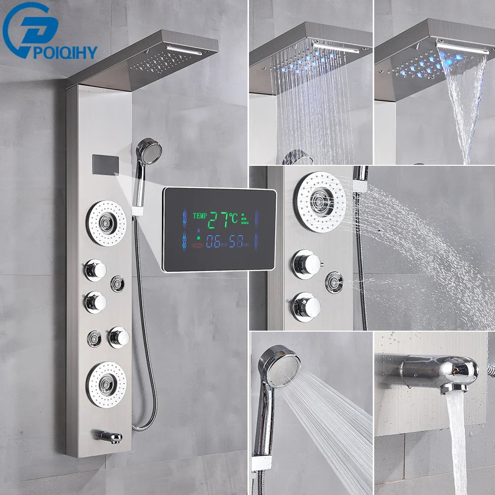Stainless steel bathroom shower panel set led with digital display and multiple spray settings in silver finish