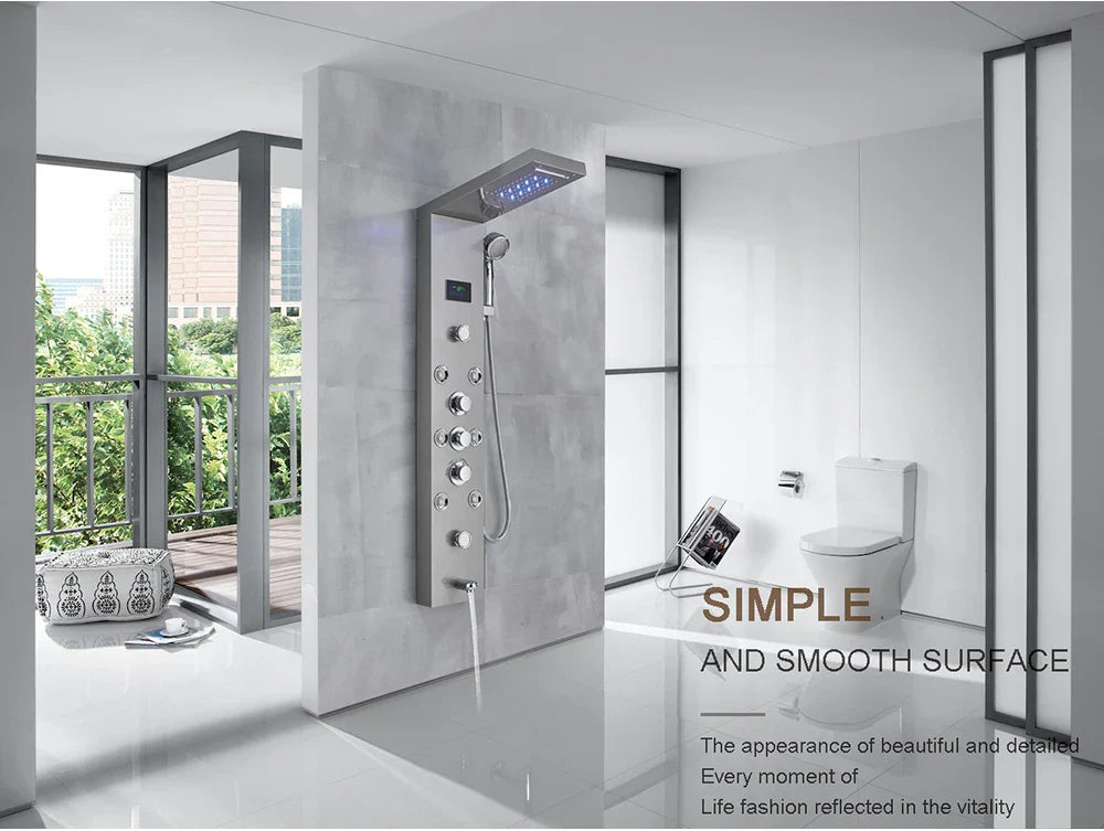 Modern chrome-finished bathroom shower panel set led with multiple control knobs and rectangular rain showerhead