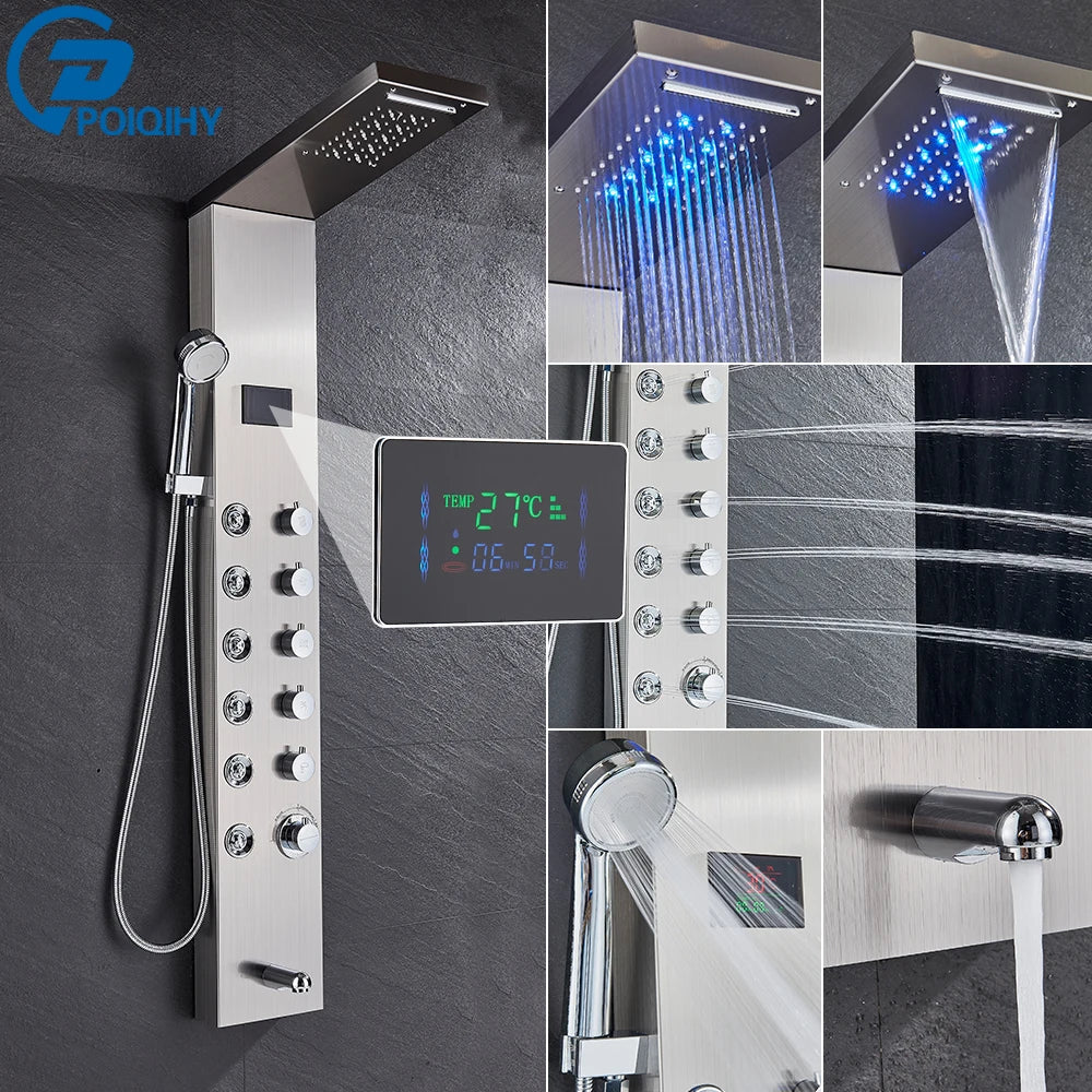 Stainless steel bathroom shower panel set led with digital display and multiple spray settings in silver finish