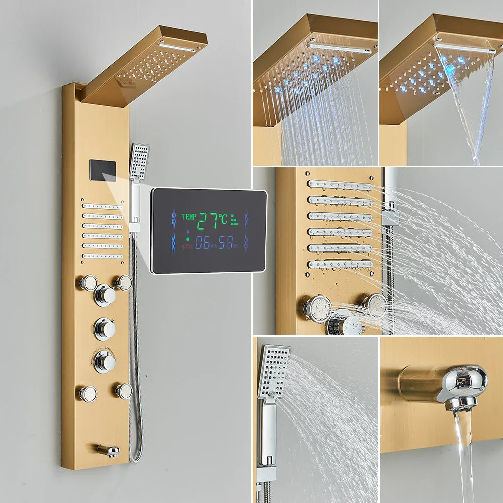 Bathroom shower panel set led featuring a gold-finished luxury shower system with digital display and chrome accents