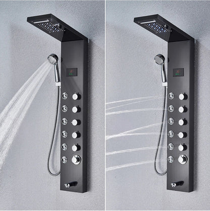 Black matte-finish bathroom shower panel set led with multiple spray settings and handheld showerhead for versatile use