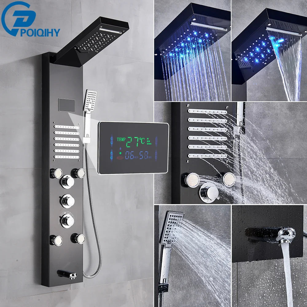 Black poiqihy brand bathroom shower panel set led with rainfall shower system digital temperature display and spray settings
