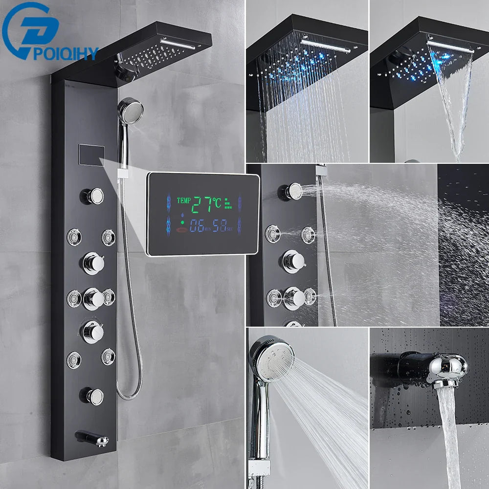 Black matte finish bathroom shower panel set with chrome accents and digital temperature display for rain shower use