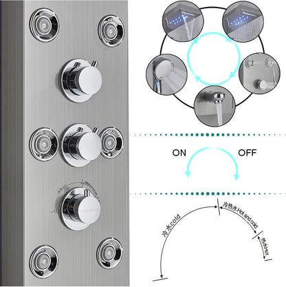 Stainless steel bathroom shower panel set led with multiple chrome knobs and controls for spray settings