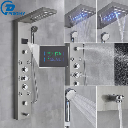 Modern chrome-finished bathroom shower panel set with digital display and multiple spray settings for versatile use