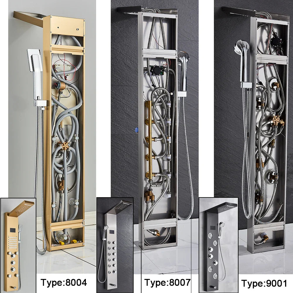 Modern bathroom shower panel set led with wall-mounted gold silver and chrome finishes and integrated multiple spray heads