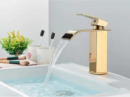 Gold-toned bathroom sink faucet brass deck mount with sleek modern design and polished stainless steel finish