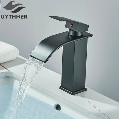 Black matte finish bathroom sink faucet brass deck mount with stainless steel waterfall design and single handle control