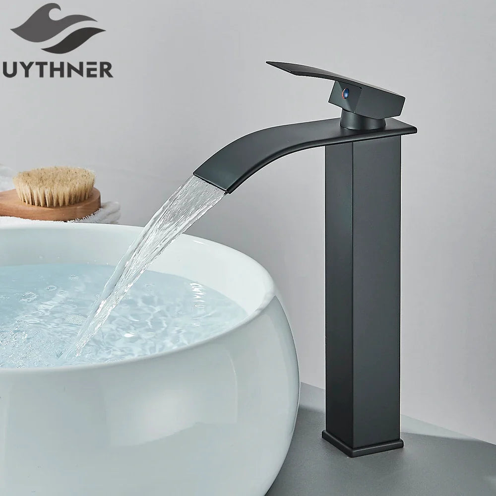 Bathroom sink faucet brass deck mount with black matte finish waterfall design and durable stainless steel construction