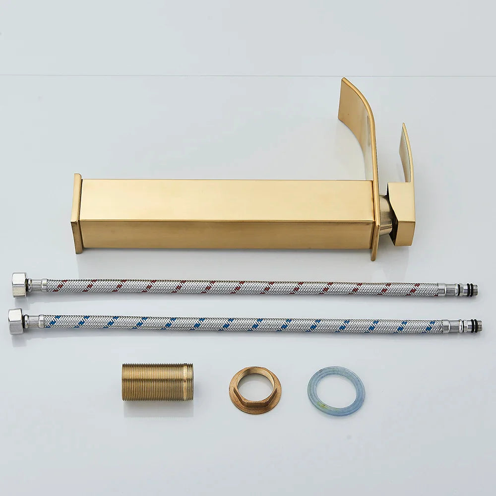 Gold-finished rectangular bathroom sink faucet brass deck mount with stainless steel and brass-colored hardware