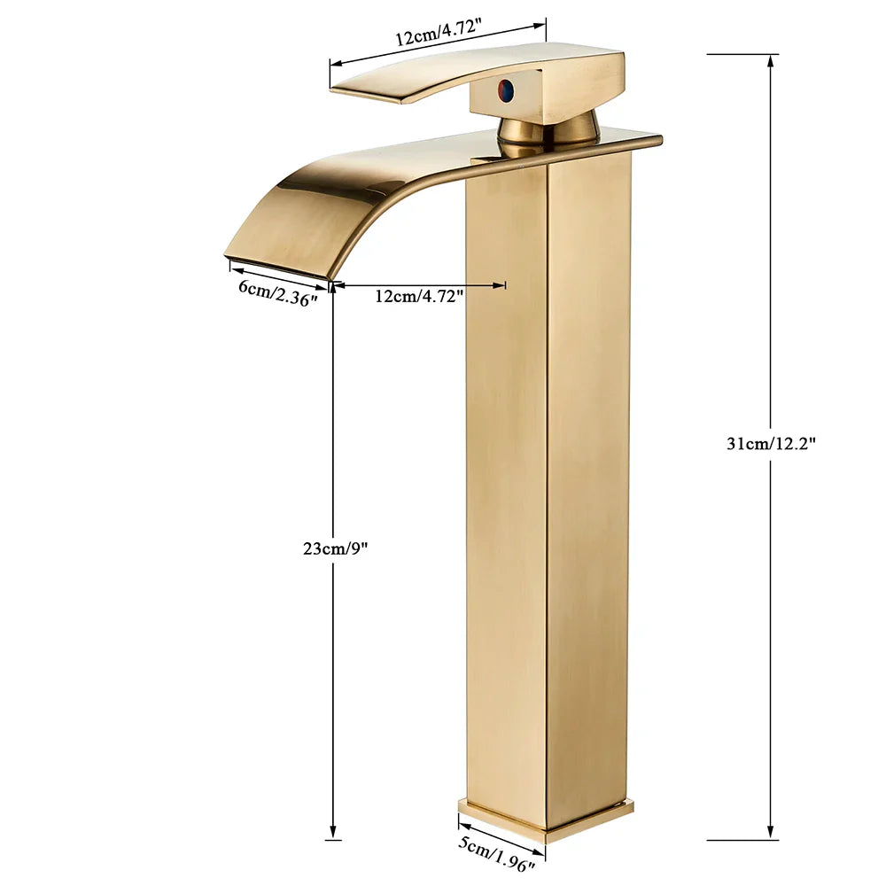 Gold-toned bathroom sink faucet brass deck mount with a sleek modern design and brushed stainless steel finish