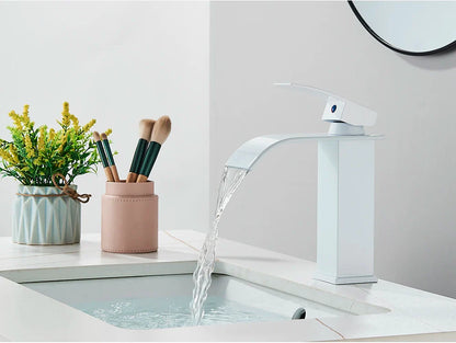 Modern white brass deck mount bathroom sink faucet with sleek minimalist design and stainless steel accents