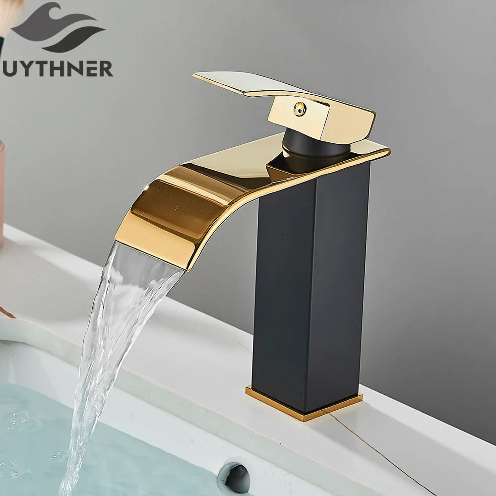 Bathroom sink faucet brass deck mount with gold and black waterfall design featuring stainless steel construction