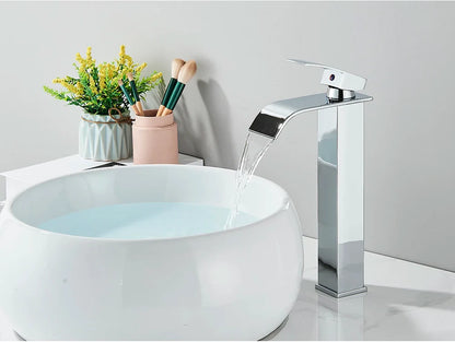 Modern chrome brass deck mount bathroom sink faucet with stainless steel waterfall spout and single handle design