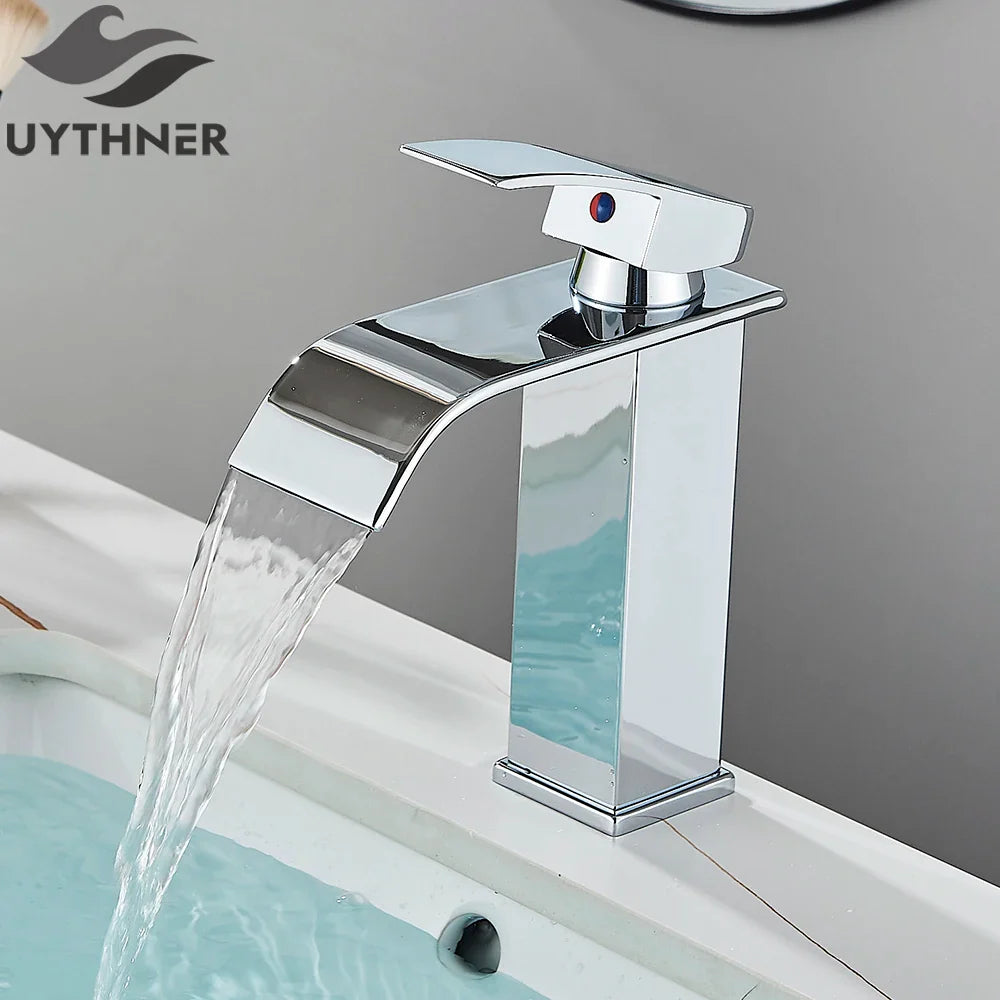 Bathroom sink faucet brass deck mount with chrome finish stainless steel waterfall design and single red dot handle indicator