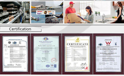 Framed certification document displayed in dark wood frame alongside brass deck mount bathroom sink faucet with stainless steel accents