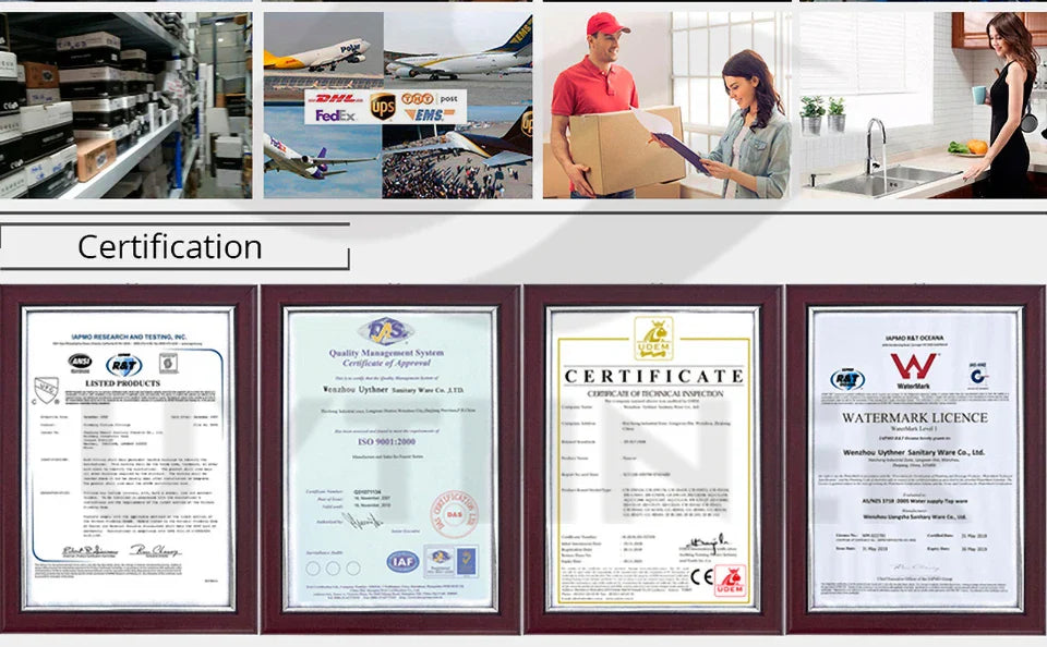 Framed certification document displayed in dark wood frame alongside brass deck mount bathroom sink faucet with stainless steel accents