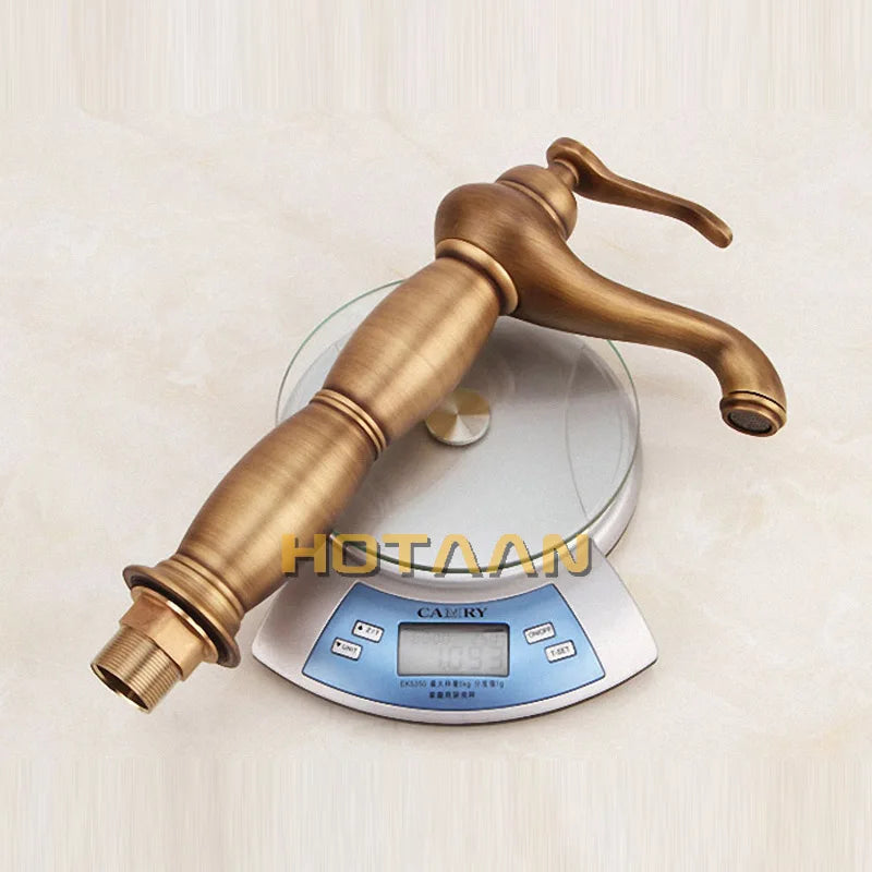 Antique brass finished bathroom tall basin faucet with single handle and classic elongated spout design