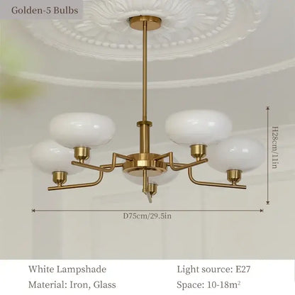 Brass-finished bauhaus glass pendant chandelier with five white glass lampshades for dining room lighting
