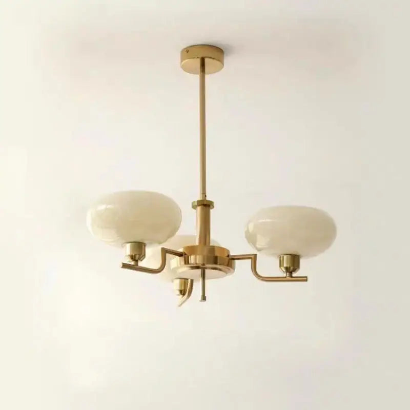 Bauhaus glass pendant chandelier with brass finish and three opaline glass shades for dining room lighting