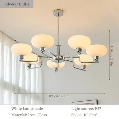 Modern bauhaus glass pendant chandelier with seven frosted white glass lampshades and chrome finish for dining room