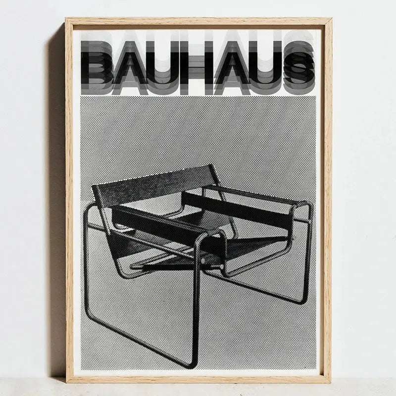 Black and white bauhaus movement canvas poster featuring minimalist light wood chair abstract wall art by decorbites