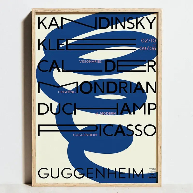A decorbites bauhaus movement canvas poster with bold black typography and blue abstract wall art in a light wood frame