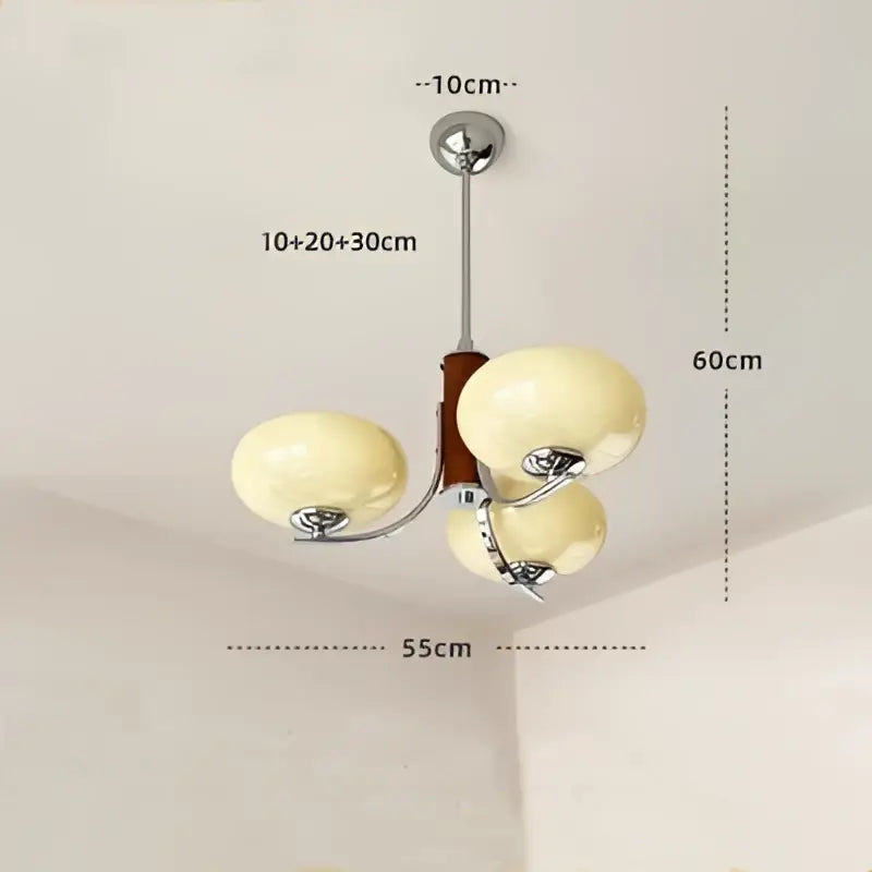Bauhaus chrome and wood glass chandelier with three cream globes for living room lighting and decor