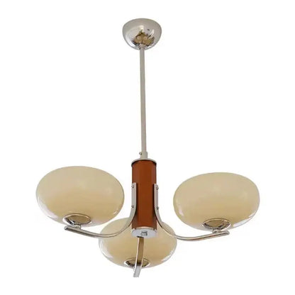 Bauhaus chrome and wood glass chandelier with amber opal shades and leather-wrapped column for living room lighting