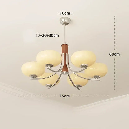 Bauhaus chrome and wood glass chandelier with six cream glass shades designed for living room lighting
